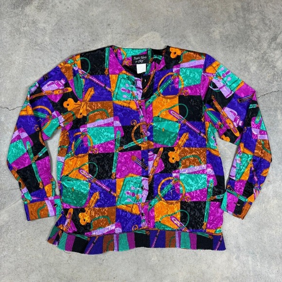 Vintage 80s Top Blouse Angela Marie For Chez Sz 14 Glam Pop Relaxed Button Up - Picture 1 of 7